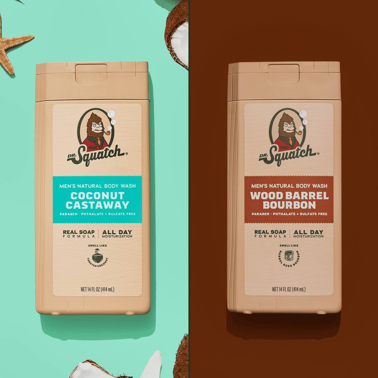 Natural Body Wash for Men - Non-Exfoliating - Coconut Castaway + Wood Barrel Bourbon